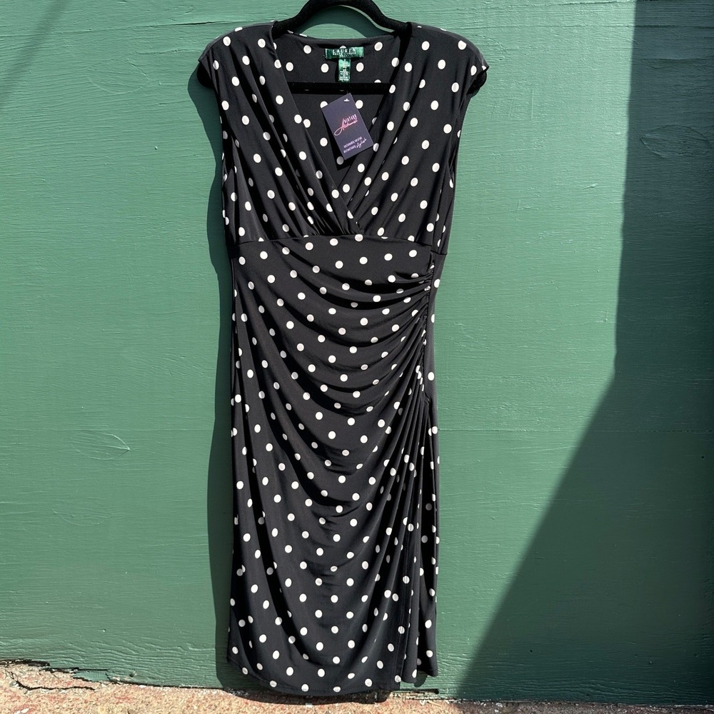Ralph Lauren Navy White Polka Dot Ruched Sheath Dress Size 8 Sleeveless Preppy